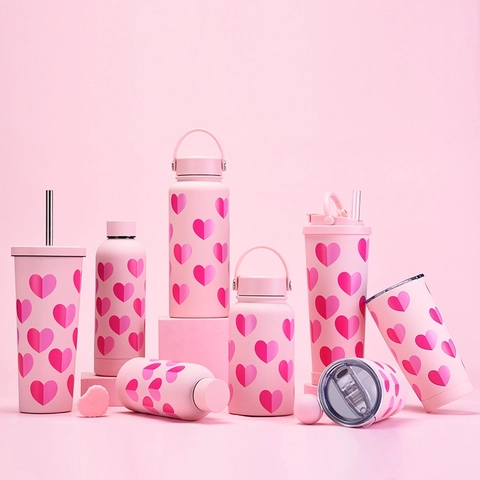 Pink Insulated Tumbler Straw Stainless Steel Vacuum Flask Heart Pattern Portable Coffee Cup Travel Water Bottle Gift