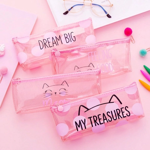 Astuccio Per Matite Con Motivo Gatto Rosa Glitter PVC Trasparente Portapenne Custodia Con Cerniera