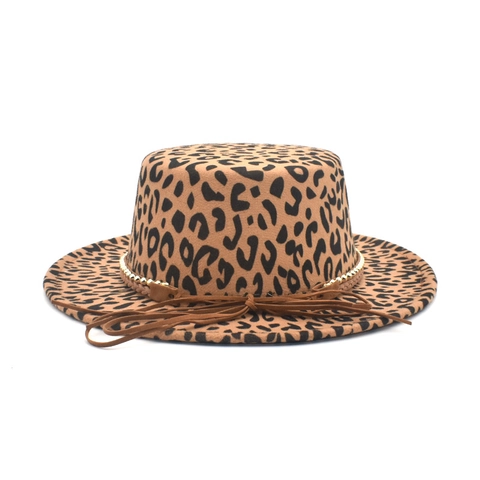 Cappello Boater Leopardato In Feltro Di Lana Tesa Larga Con Fascia Di Perline Fedora Jazz Invernale Caldo Per Uomo Donna