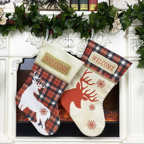 Calze Natalizie Iuta Renna Fiocco Di Neve Quadri Decorazioni Festive Da Appendere