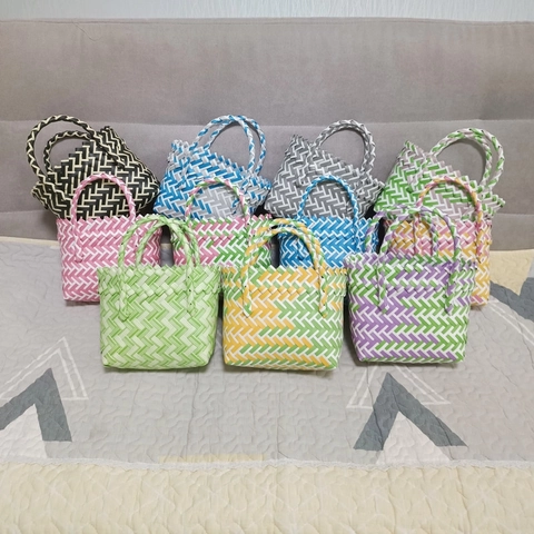 Mini Woven Handbag Handmade PVC Plastic Contrast Color Cute Portable Basket For Daily Casual Use