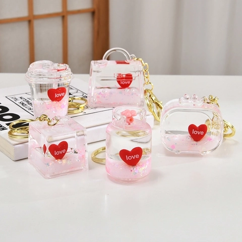 Lindo Llavero de Corazón de Arenas Movedizas Líquidas con Purpurina Rosa Botella de Aceite de Acrílico Transparente