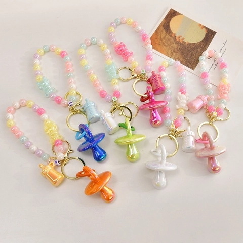 Acryl Cartoon Bär Schnuller Schlüsselanhänger Niedliche Babyflasche Perlenkette Tasche Anhänger Für Damen Bunte DIY Rucksack Charme Schmuck