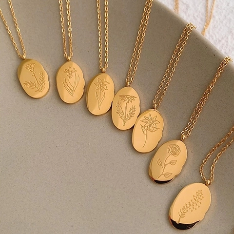 Collier Pendentif Fleur De Naissance En Acier Inoxydable Plaqué Or 18K Chaîne Pull Florale Ovale Inscrite Pour Femme Bijoux Mode