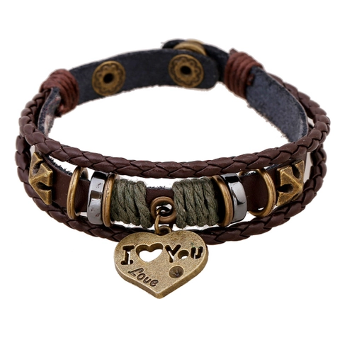Retro Meerlaagse Gevlochten Armband Echt Rundleer Met Legering Hart Anker Hanger Bohemien Voor Heren Dames