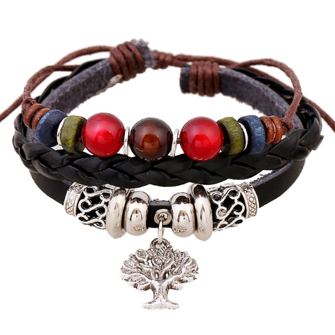 Geflochtenes Rindsleder Armband Mit Lebensbaum Anhänger Aus Legierung Und Holzperlen Verstellbares Vintage Unisex Schmuck