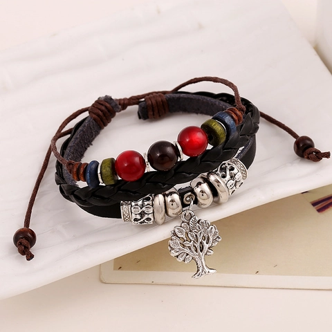 Braided Cowhide Leather Bracelet With Alloy Tree Of Life Pendant And Wood Beads Adjustable Drawstring Vintage Unisex Jewelry