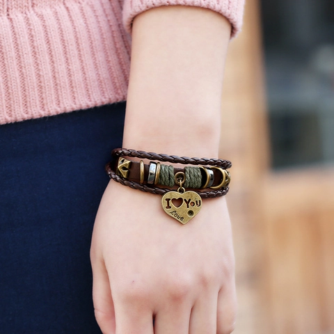 Retro Meerlaagse Gevlochten Armband Echt Rundleer Met Legering Hart Anker Hanger Bohemien Voor Heren Dames