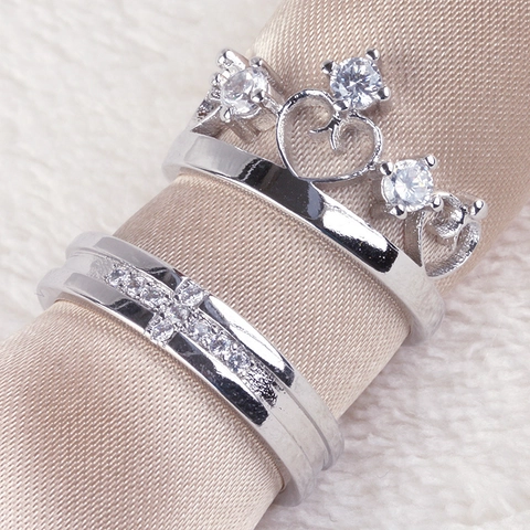 Anillos de Pareja de Cobre con Strass Corona Corazón Cruz Ajustable Abierto Anillos para Hombres Mujeres Amante Compromiso Joyería Regalo