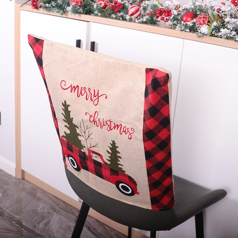Christmas Chair Back Covers Linen Red Truck Gnome Print Buffalo Plaid Festive Dining Room Decoration Table Seat Protector