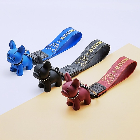 Portachiavi Bulldog Francese Ciondolo Figurina Cane Cartone Animato Con Cinturino In Pelle Motivo Stampato Anello Metallico Accessorio