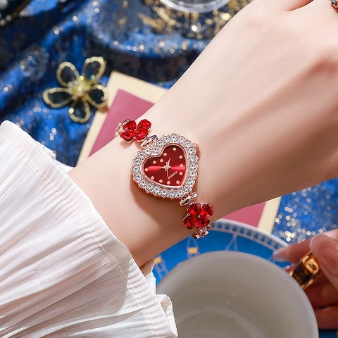 Reloj de Cuarzo de Moda con Forma de Corazón para Mujer Reloj de Pulsera con Esfera de Corazón y Trébol de Cuatro Hojas Elegante Reloj de Pulsera para Mujer