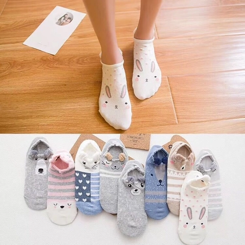 Calcetines Invisibles Algodón Mujer Oreja Animal Peluche Lindo Estilo Japonés Transpirables Corte Bajo Tobilleros
