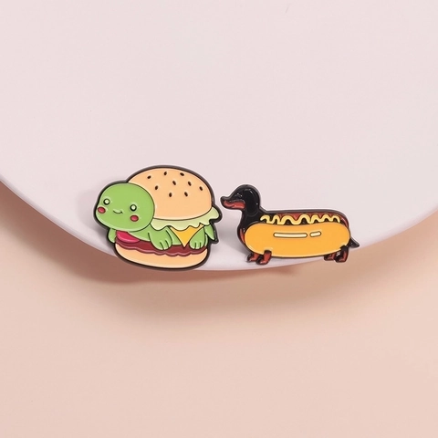 Spilla In Smalto Tartaruga Burger Bassotto Hot Dog Cartone Animato Divertente Animale Cibo Distintivo Risvolto Lega Vestiti Borsa