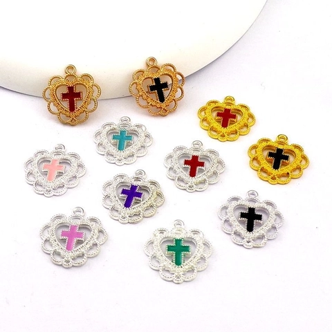 Ciondoli Cuore Croce Intagliati Lega Zinco Smalto Olio DIY Creazione Gioielli Charms Accessorio