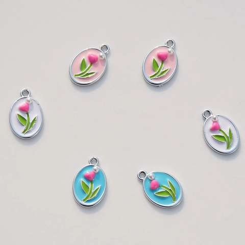 Ciondoli Floreali Tulipano Lega Smalto Ovale Goccia D'olio Charms Con Imitazione Perla Artificial Per DIY Creazione Di Gioielli Collane