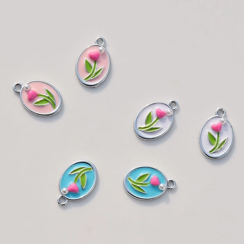 Ciondoli Floreali Tulipano Lega Smalto Ovale Goccia D'olio Charms Con Imitazione Perla Artificial Per DIY Creazione Di Gioielli Collane