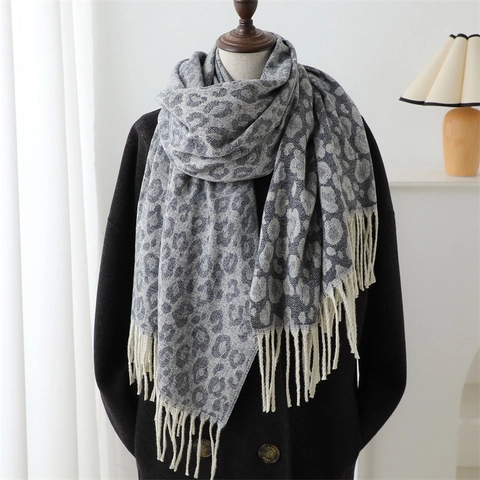 Sciarpa Leopardata Moda Imitazione Cashmere Lunga Nappa Caldo Inverno Scialle Per Donna Stile Pendolare Versatile Spesso