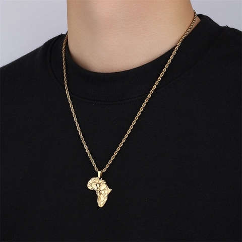 Collana con Ciondolo a Forma di Mappa dell Africa e Fenice in Acciaio Inossidabile Placcato Oro 18K Catena Torchon Retrò Gioielli da Uomo