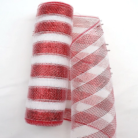 Rotolo Di Rete Decorativa A Strisce Rosse E Bianche Con Filo D'argento Metallico Per Albero Di Natale Ghirlanda DIY Regalo