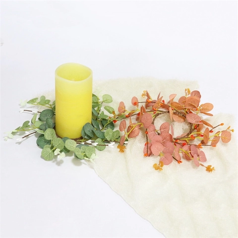 Artificial Eucalyptus Wreath Satin Plastic Candle Ring With Small Berries Round Floral Greenery Garland For Home Table Decor