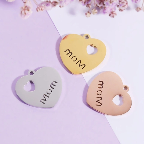 Stainless Steel Heart Mom Letter Cutout Charm Mirror Polished DIY Jewelry Making Pendant Mothers Day Gift