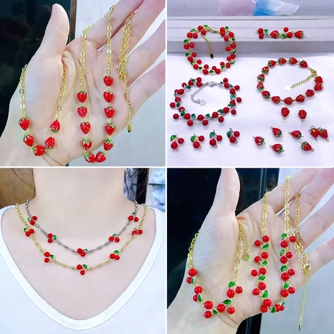 Fruit Strawberry Cherry Pendants Brass Enamel Charms For DIY Jewelry Making Necklace Bracelet Accessories Sweet Style