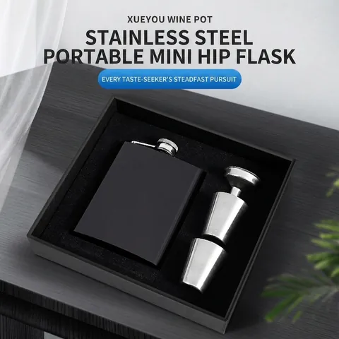 Portable Stainless Steel Hip Flask With Funnel And Cups Outdoor Travel Drinkware Matte Black Leather Wrap Gift