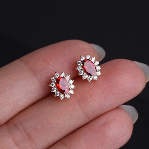 Oval Red Zircon Halo Earrings With 925 Sterling Silver Earring Post 18K Gold Plated Retro Jewelry For Women