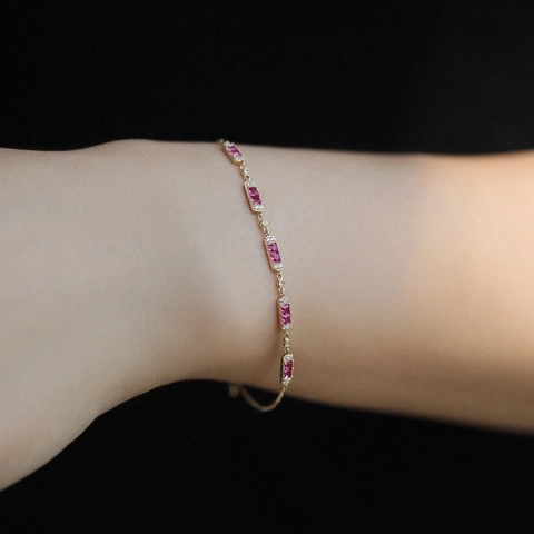 925 Sterling Silver Plated 18K Gold Pink Zirconia Bracelet For Women Vintage Rectangular Gemstone Adjustable Bracelet Jewelry