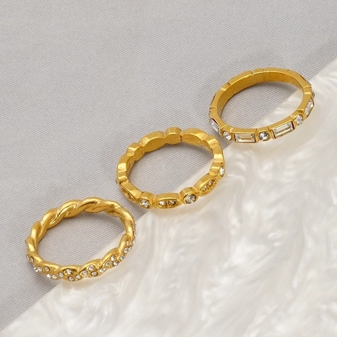 Mode Edelstahl Ring Für Damen 18K Vergoldet Geometrisch Rechteckig Rund Zirkon Strass Elegant Stapelbar Schmuck