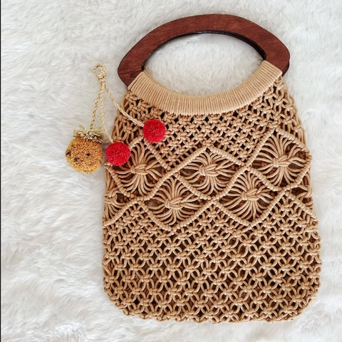 Borsa Tote In Macramè Intrecciata A Mano Corda Di Cotone Con Manico In Legno Stile Boho Decorazione Pompon Donna