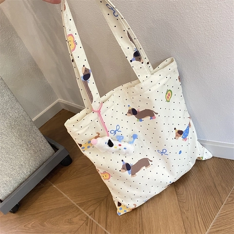 Dachshund Print Canvas Tote Bag Polka Dot Large Capacity Shoulder Handbag With Plush Dog Charm For Women Casual Shopping