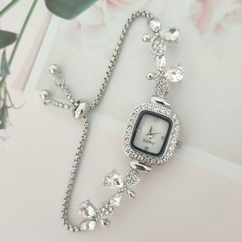 Fashion Women Bracelet Watch Square Quartz Dial Rhinestone Inlaid Adjustable Slide Chain Butterfly Decorative Elegant