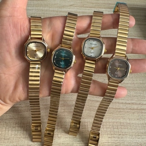 Women Minimalist Square Dial Quartz Watch Vintage Alloy Elastic Band Watch With Rhinestone Gold Fashion Wristwatch Gift