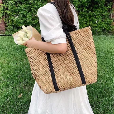 Große Kapazität Gewebte Stroh Tote Tasche Holhl Casual Strand Urlaub Schulter Handtasche Mit Seilgriffen
