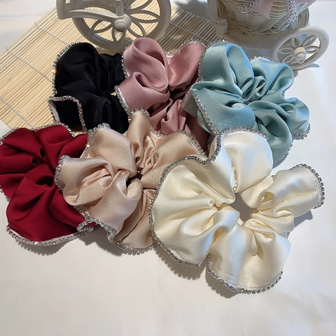 Coleteros Elegantes De Satén Grande Con Borde De Pedrería Elásticos Para El Cabello Accesorios Vintage Mujeres Niñas