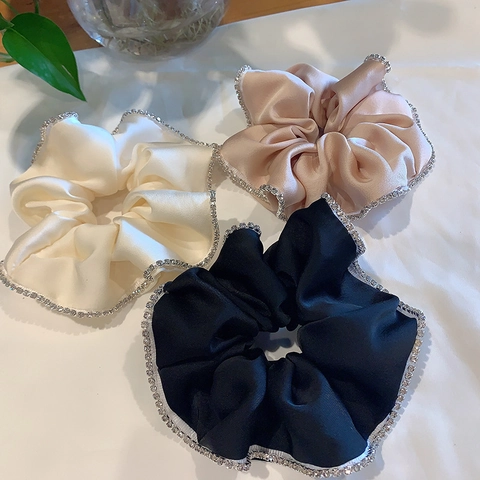 Coleteros Elegantes De Satén Grande Con Borde De Pedrería Elásticos Para El Cabello Accesorios Vintage Mujeres Niñas