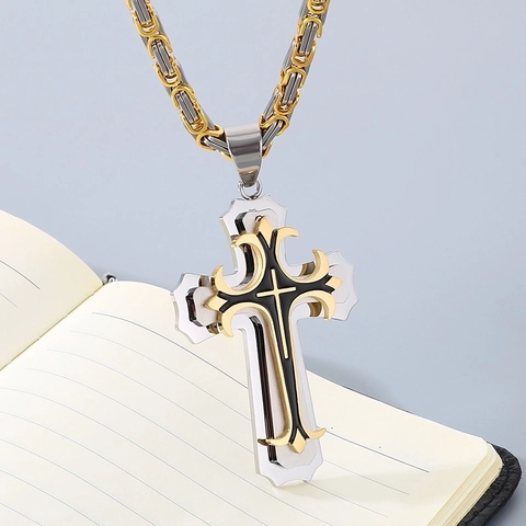 Men Stainless Steel Cross Pendant Necklace Byzantine Box Chain Punk Gothic Layered Religious Jewelry