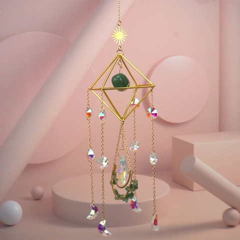 Boho Geometric Crystal Suncatcher Hanging Decor With Natural Stone Prism Rainbow Maker Gold Metal Alloy Window Home