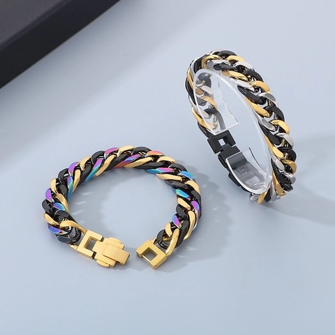 Cuban Link Bracelet Stainless Steel Multicolor Hip Hop Chunky Chain Jewelry For Men Women Punk Style