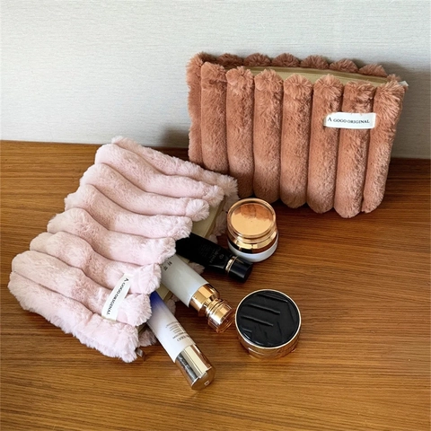 Plüsch Kosmetiktasche Gerippte Streifen Große Kapazität Make Up Beutel Weich Reise Organizer Handtasche Für Damen Mode