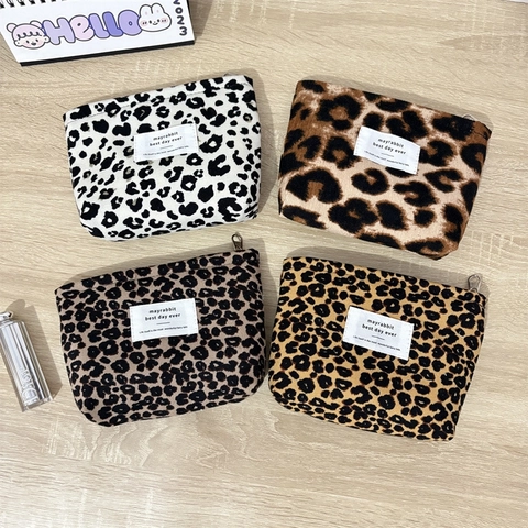 Neceser De Pana Retro Bolsa De Cosméticos Portátil Estampado De Leopardo Jacquard Floral Pequeño Organizador Con Cremallera