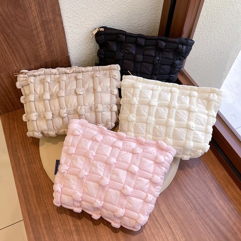 Bubble Quilted Clutch Bag Polyester Puffy Cloud Grid Makeup Organizer 3D Texture Travel Cosmetic Pouch For Women