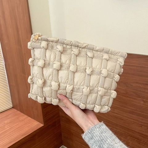 Bubble Quilted Clutch Bag Polyester Puffy Cloud Grid Makeup Organizer 3D Texture Travel Cosmetic Pouch For Women