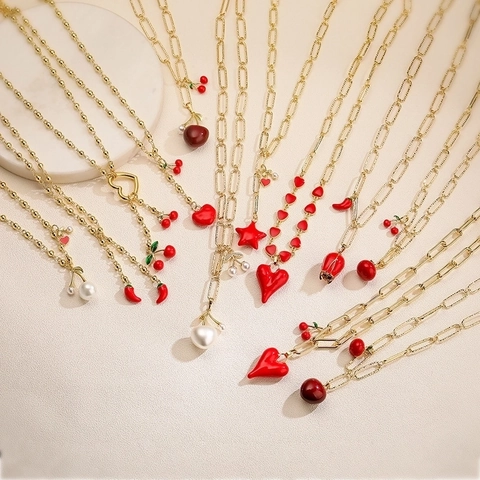 Collana Con Pendente A Cuore E Ciliegia In Rame Smaltato Con Perla Artificial Frutta Mela Stella Gioielli Per Donna