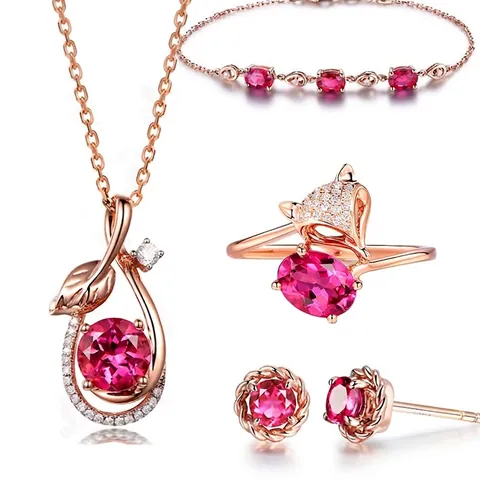 Set Di Gioielli Placcato Oro Rosa Rubino Sintetico Zircone Collana Con Ciondolo Foglia Anello Volpe Orecchini Bracciale