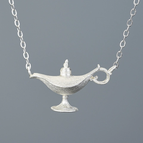 S925 Sterling Silver Aladdin Lamp Pendant Necklace For Women Brushed Matte Finish Vintage Creative Genie Lamp Jewelry Gift