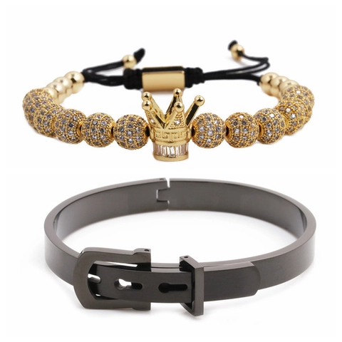 Bracelet Tressé Couronne Micro Pavé Zircon Et Jonc En Acier Inoxydable À Chiffres Romains Bijoux Pour Hommes Femmes Style Hip Hop