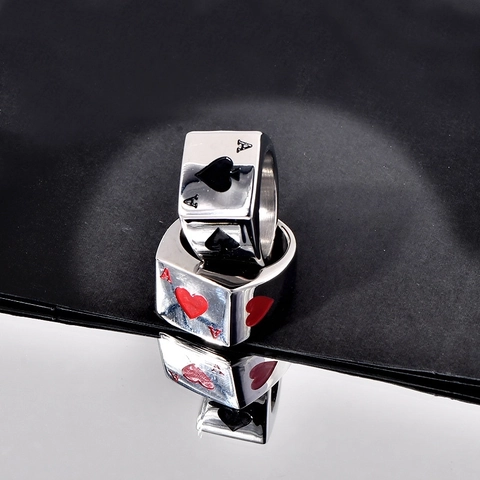 Vintage Stainless Steel Poker Ace of Hearts Spades Signet Ring For Men Women Hip Hop Enamel Fashion Jewelry Finger Ring